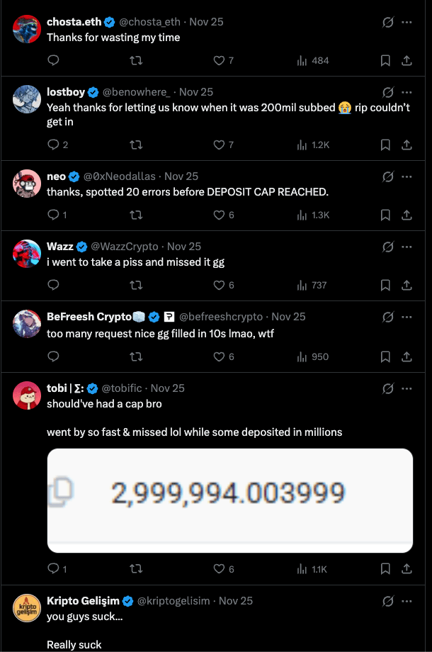 Community reactions — missed deposits and successful depositors side by side — cap reached before most participants could complete a transaction