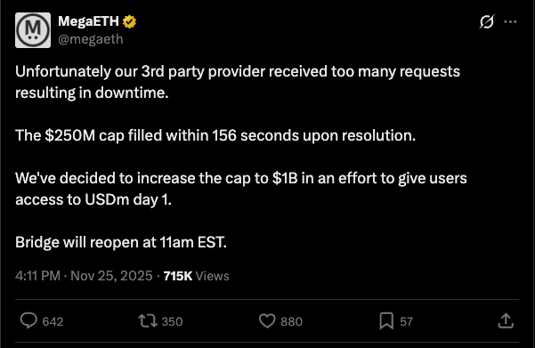 MegaETH announcing cap increase to $1B after $250M filled in 156 seconds — bridge to reopen at 11am EST — 715K views
