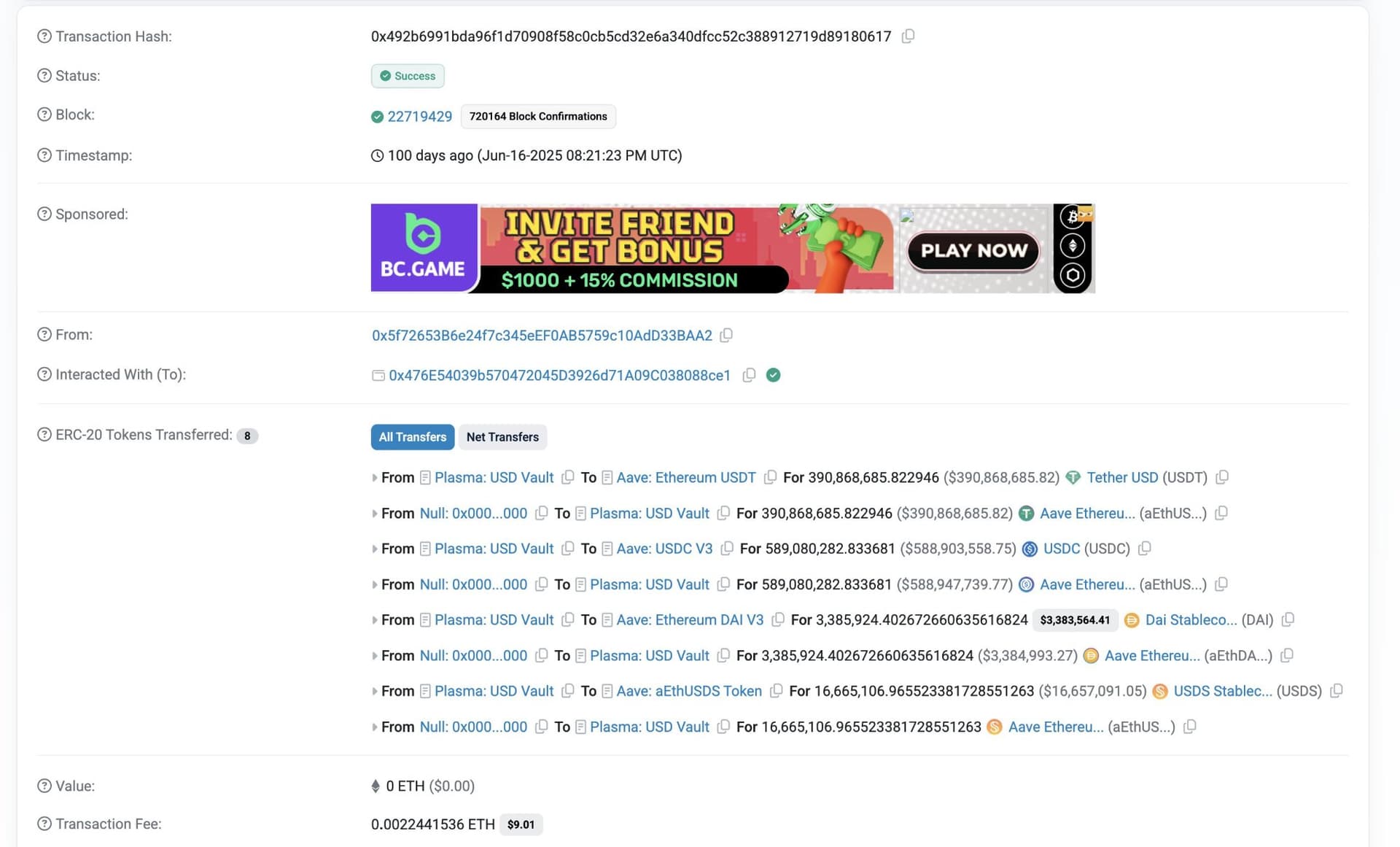 Etherscan transaction showing Veda Labs bridging $1B from Plasma vault to Aave and Sky