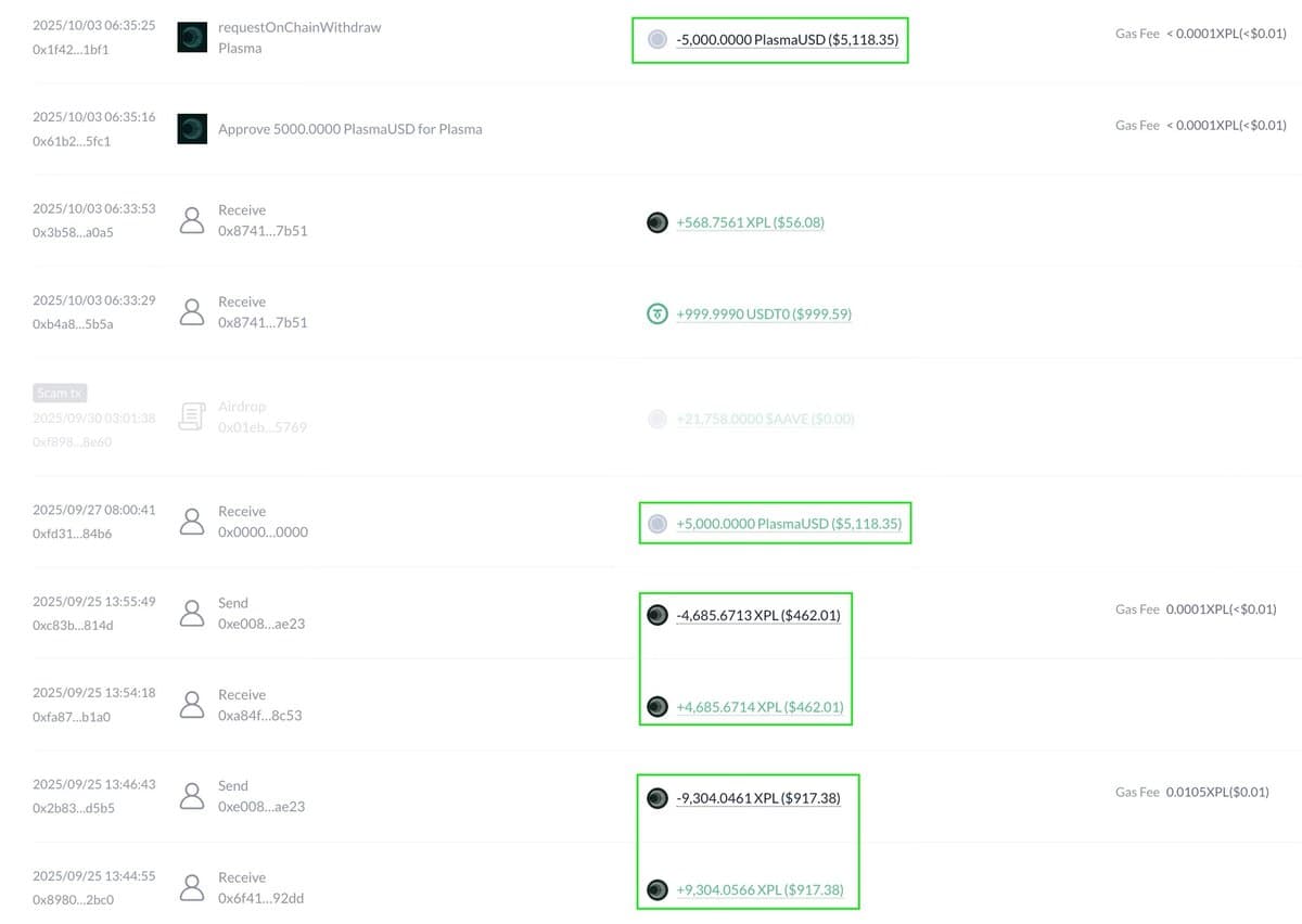 Small wallet on-chain transactions showing airdrop receipt and immediate XPL transfers on TGE day
