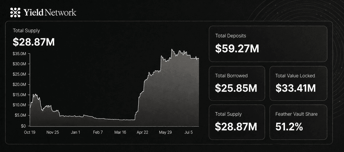 Total supply chart showing $28.87M in lend-side supply growing in lockstep with borrow demand from October through July