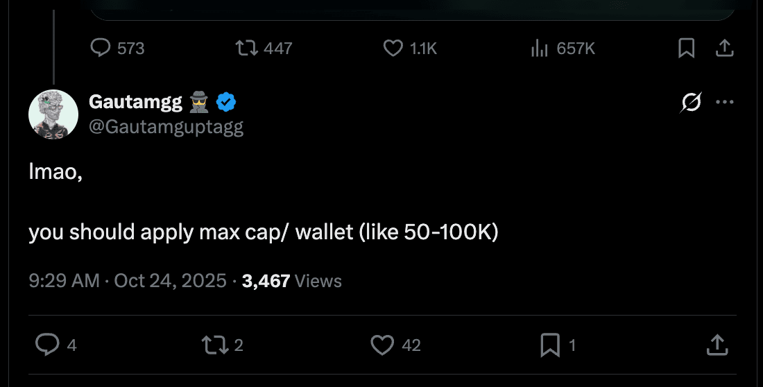 Community backlash — astronomica reporting vault already filled 30 minutes ago by 10 whales investing 600M USDT before announcement, Gautamgg suggesting max cap per wallet of 50-100K, Emmett Gallic noting $500M came from BTSE funded wallets, MaransCrypto noting insiders deposited and no normies could participate