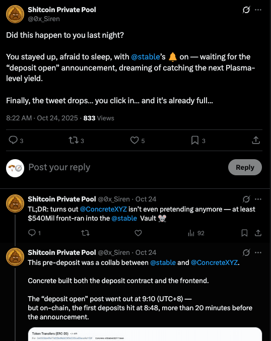 Shitcoin Private Pool thread showing on-chain evidence — deposit open post at 9:10 but first deposits at 8:48, with at least $540M front-ran into the vault before public announcement